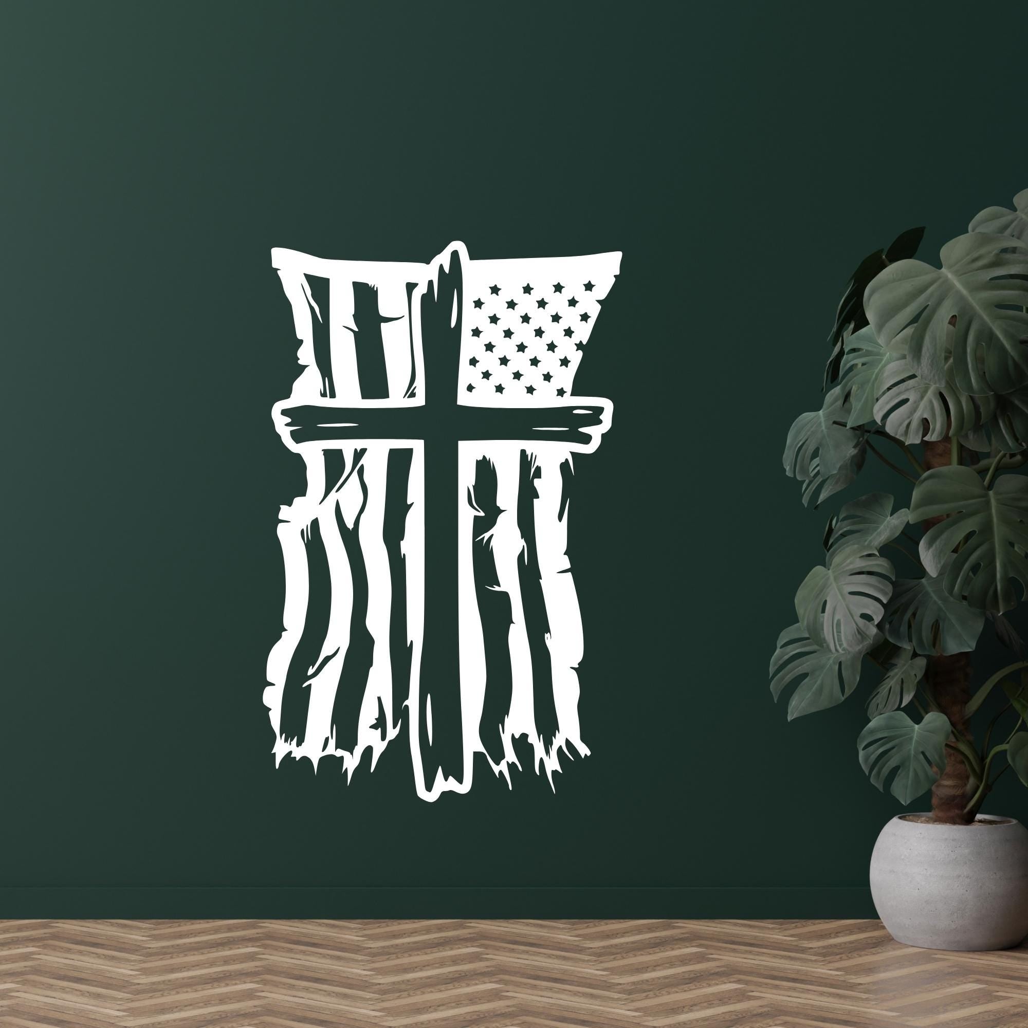 Distressed American Flag Cross Vinyl Decal